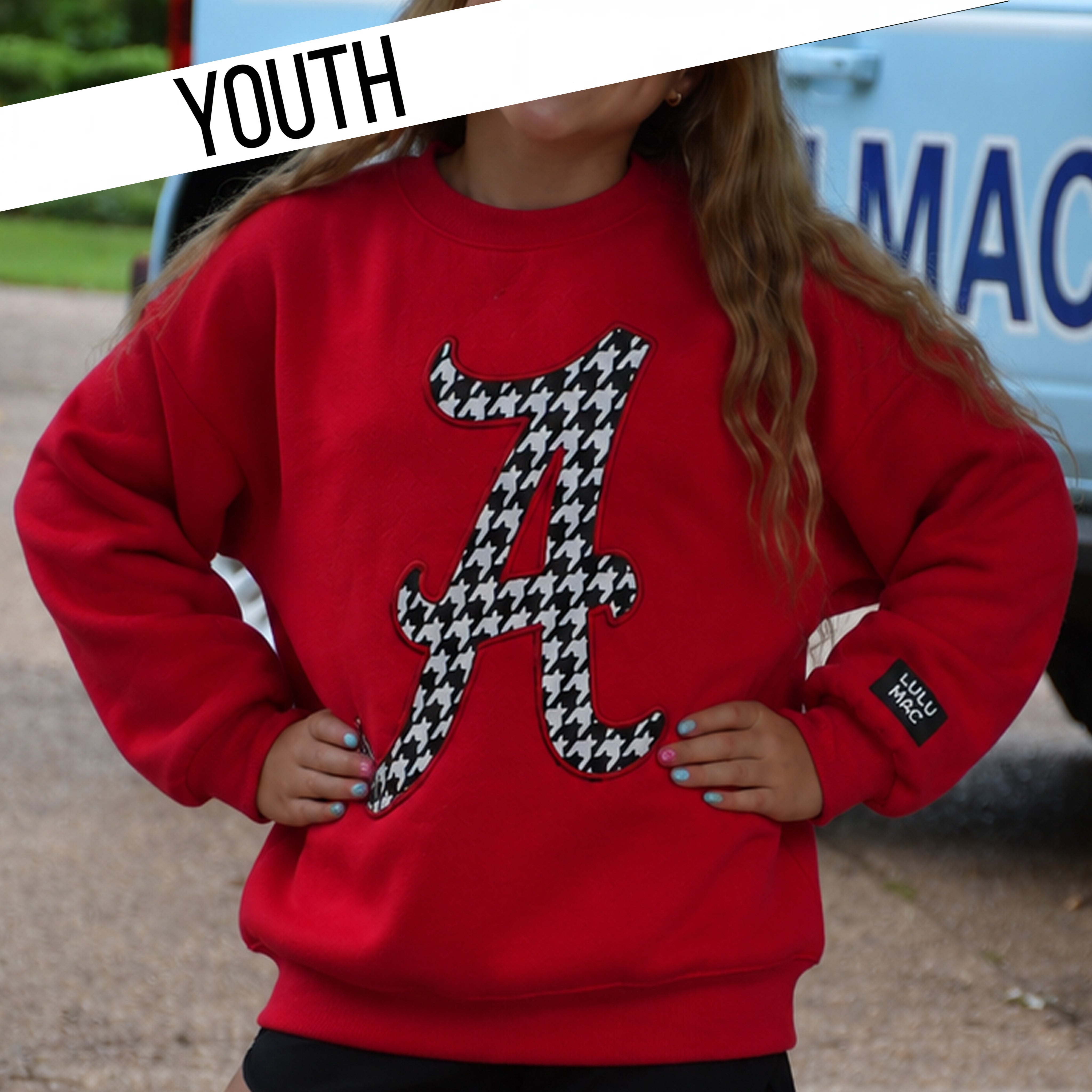 KD-AL-SW-2001 YOUTH HOUNDSTOOTH A LULU MAC SWEATSHIRT- CRIMSON