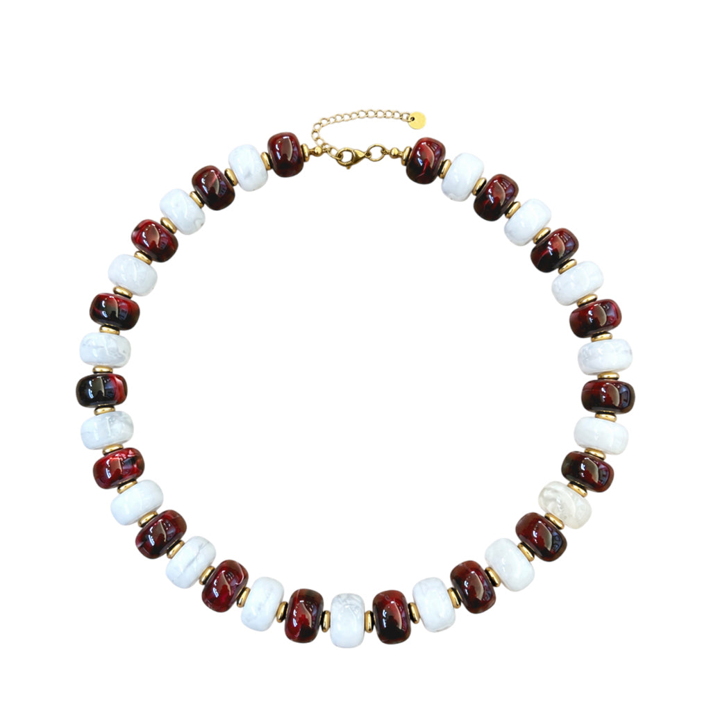 LM-NK-1006 BEADED NECKLACE - MAROON/WHITE